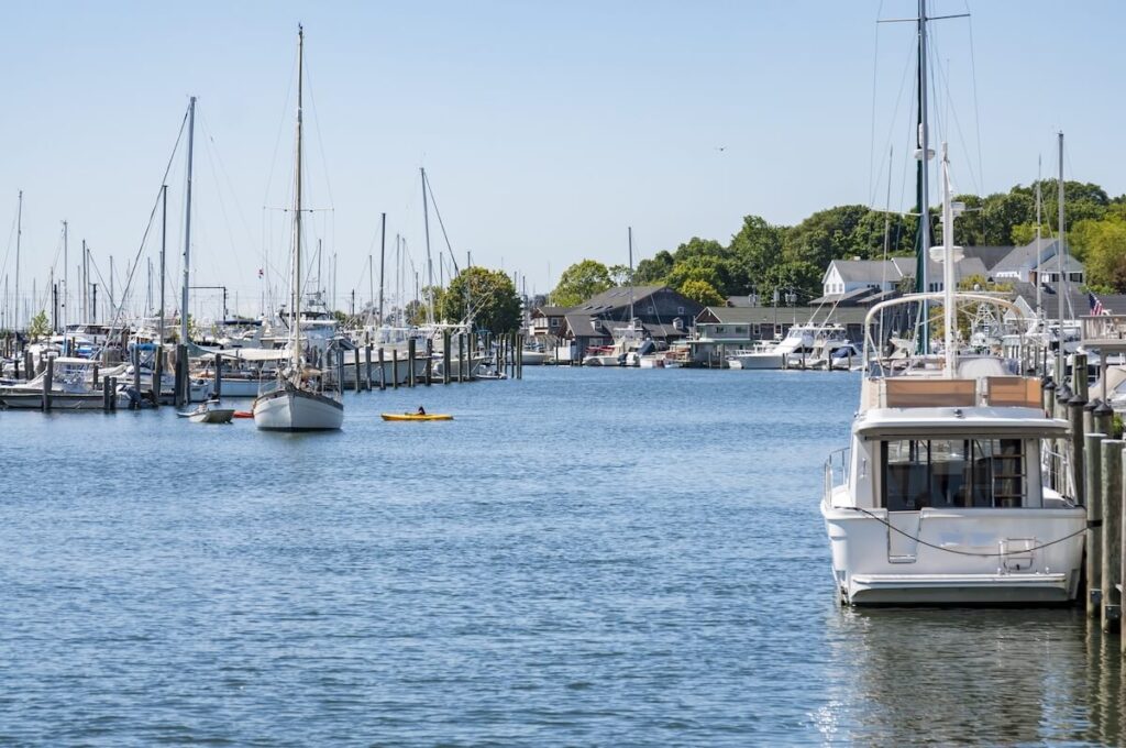 View of the Mystic Seaport with boats and houses, Connecticut