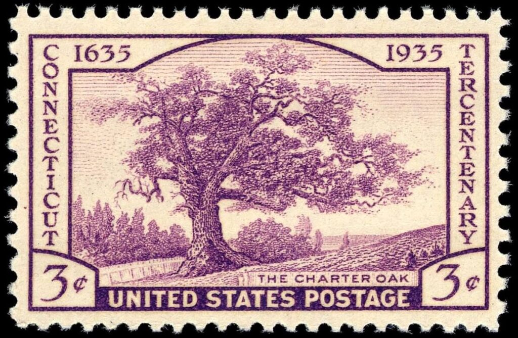 postage stamp featuring The Charter Oak