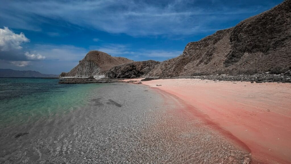 panoramic view of Pink Beach in Komodo, Indonesia