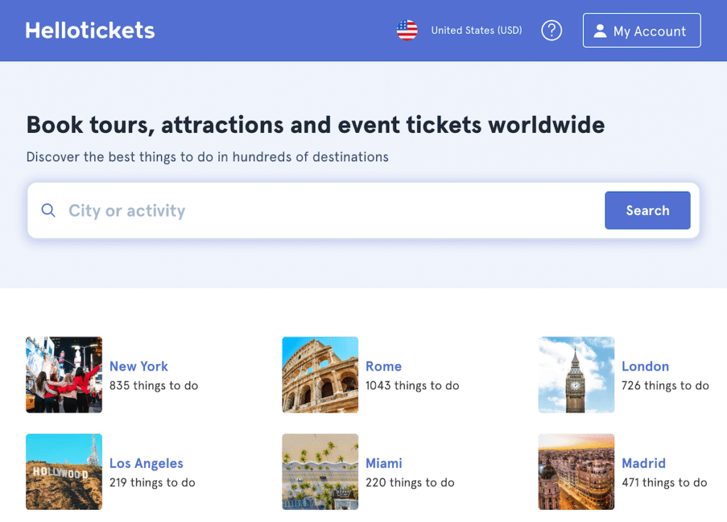 Books tours, attractions, and event tickets on Hellotickets