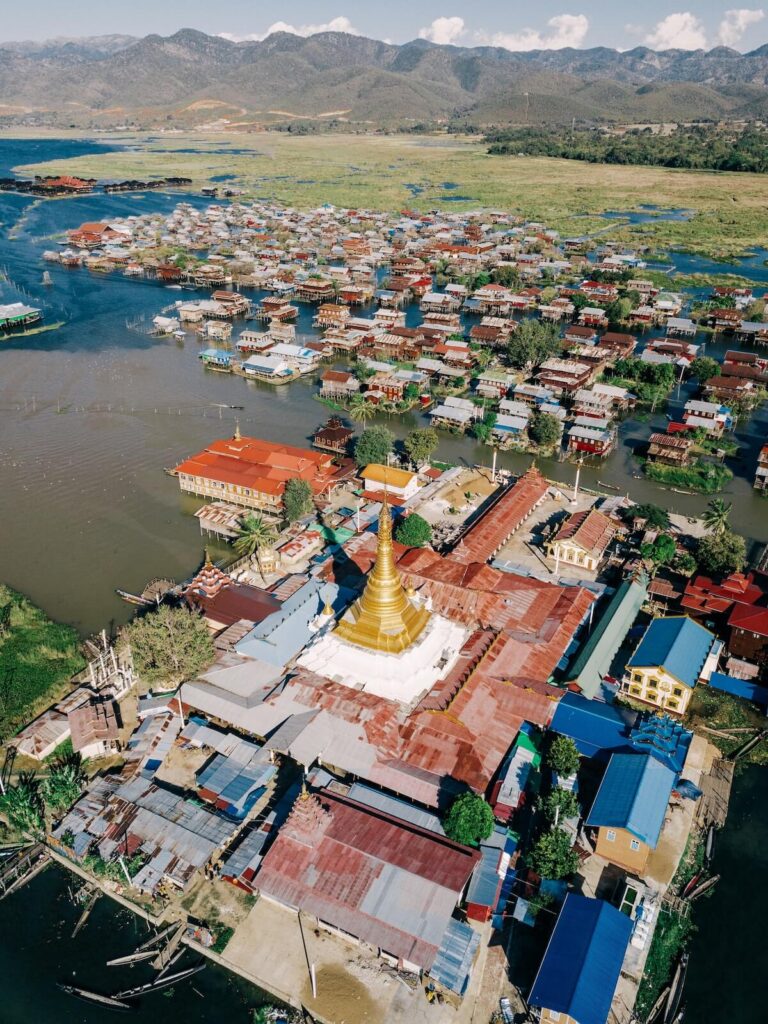aerial view of Inle Lake and surrounding houses