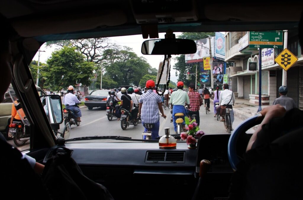 driving through traffic in Myanmar