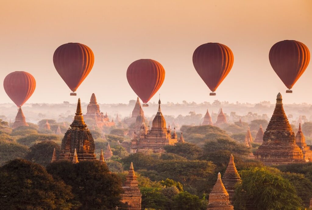 hot air balloons over temples of Bagan