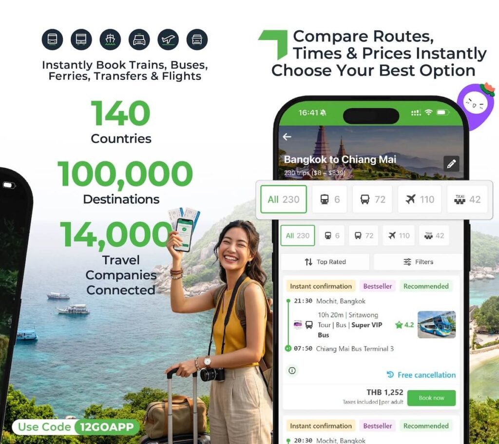 Book trains, buses, ferries, transfers, taxis and flights on 12Go