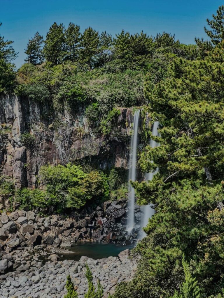 aerial shot of Jeongbang Waterfall