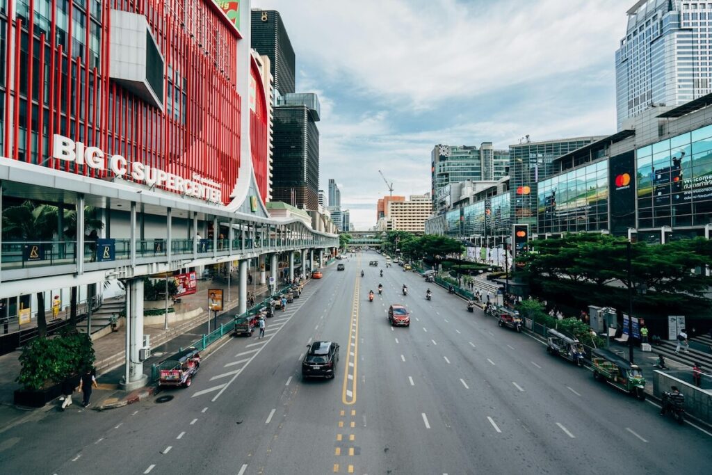 wide view of Bangkok road with Big C Supercenter on one side