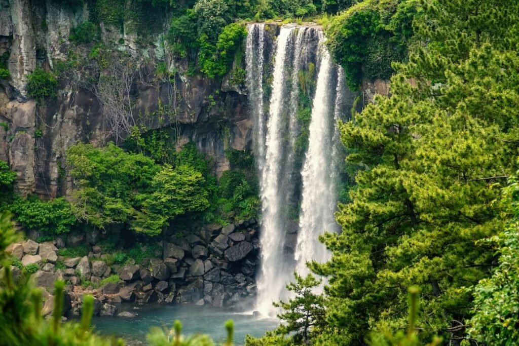 aerial view of Jeongbang Waterfalls