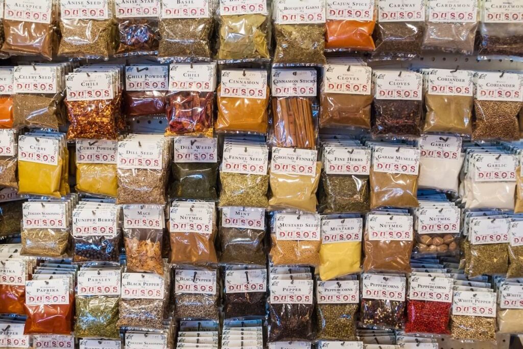Spices in plastic bag on display in a shop on Granville Island Market in Vancouver