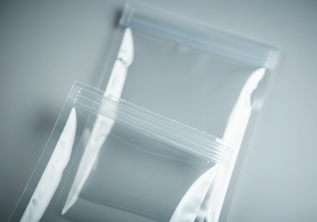 Clear plastic ziplock bags on a neutral background for storage and organization