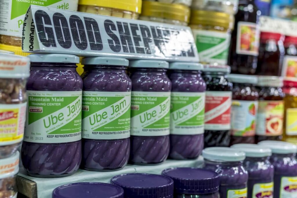 focus on bottles of Good Shepherd ube jam