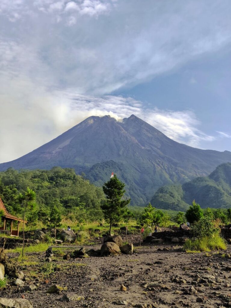 view of Mount Merapi and lush greenery