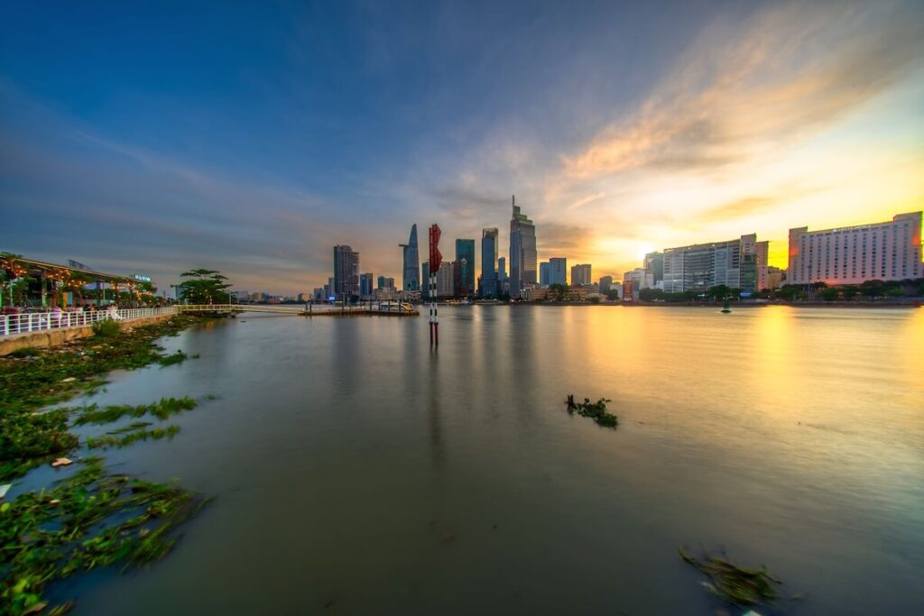 panoramic view of the Saigon River at sunset