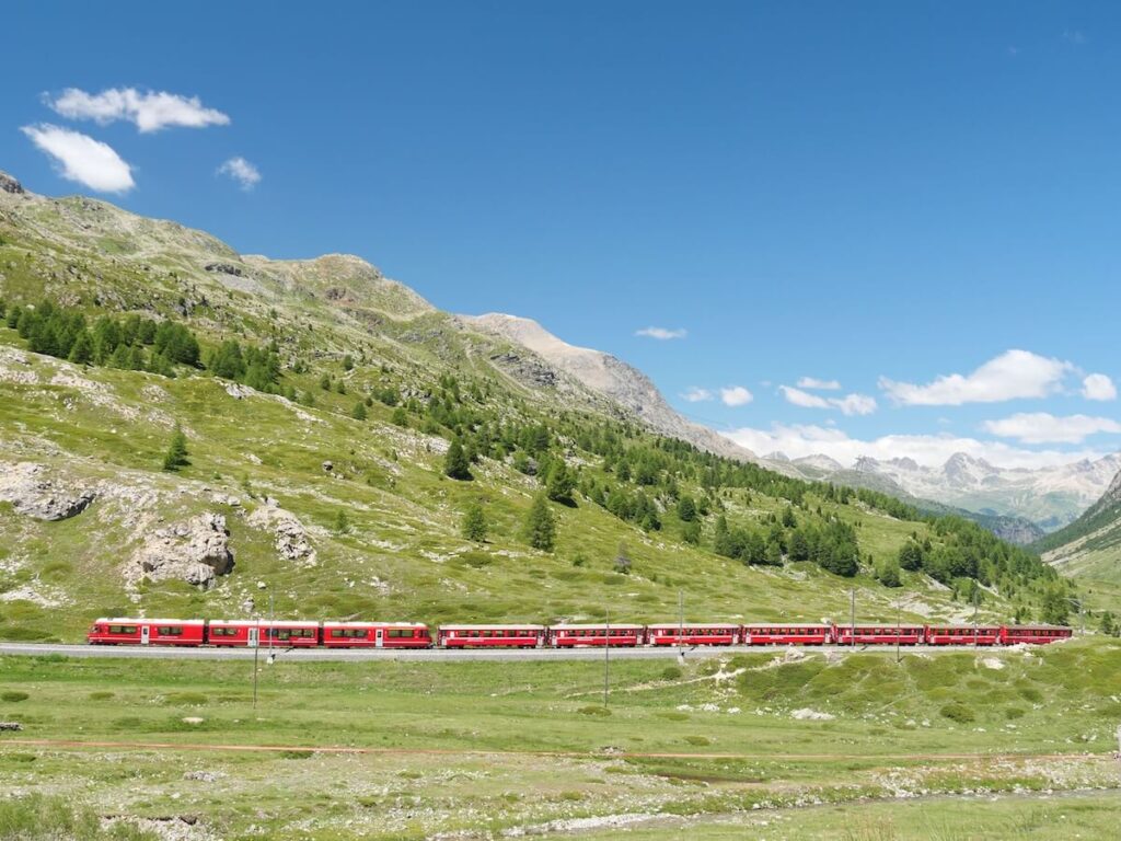 The red Bernina Express traveling from St. Moritz