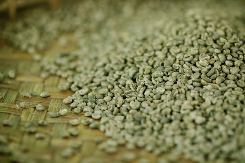 green coffee beans in wicker tray