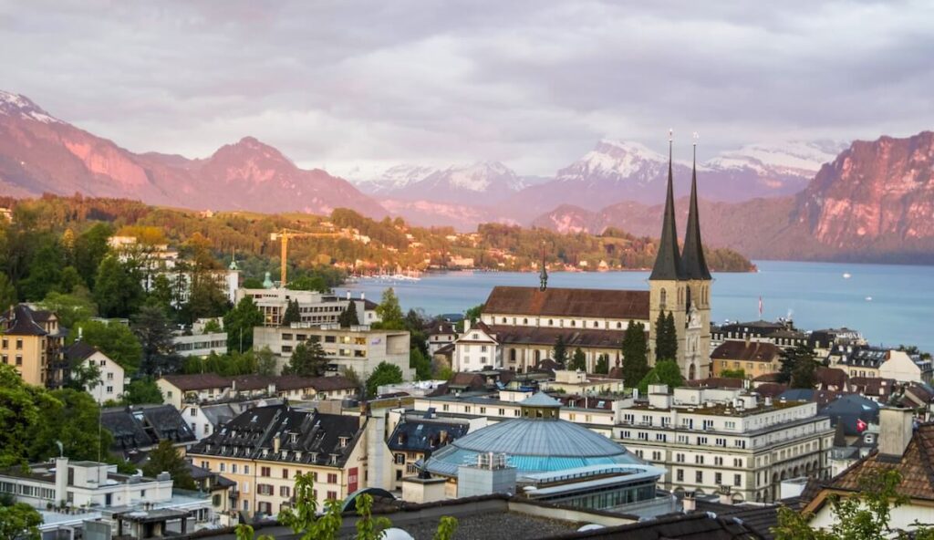 view of Lucerne city, lake, and Alps