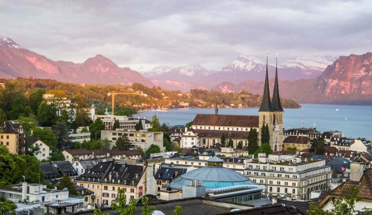 view of Lucerne city, lake, and Alps