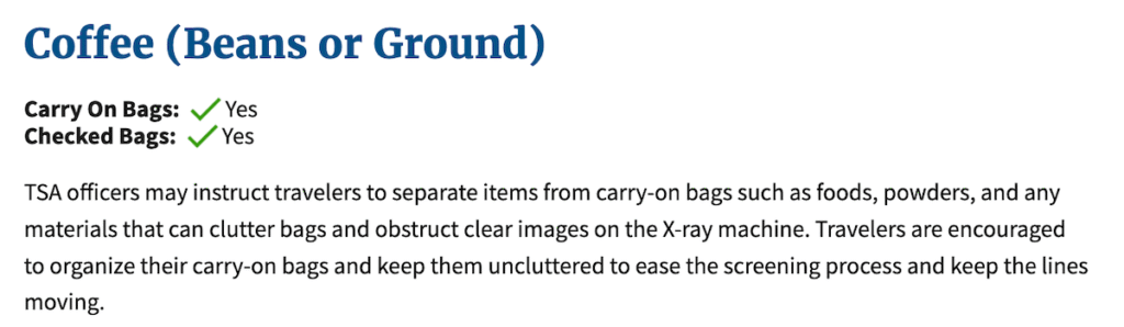 TSA's rule on coffee beans or ground coffee