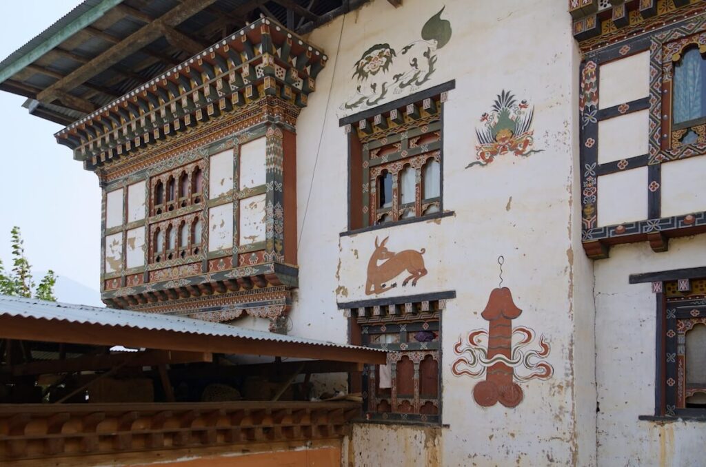 Traditional Bhutanese house with phallus & other symbols