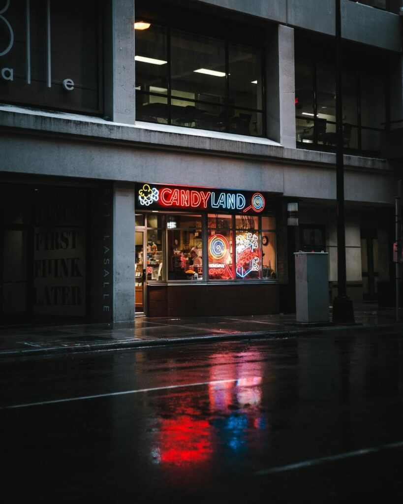 Candyland store in Minnesota at night