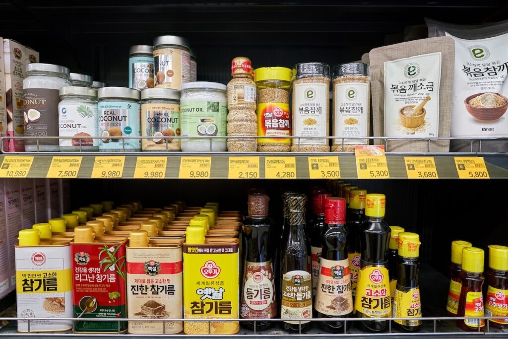 assorted items, including chamgireum, on display shelves