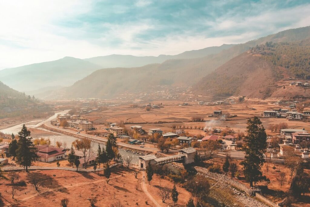 panoramic view of the Punakha Valley in Bhutan
