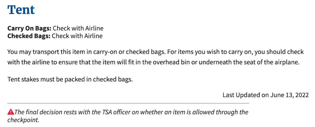 TSA's rules on tents