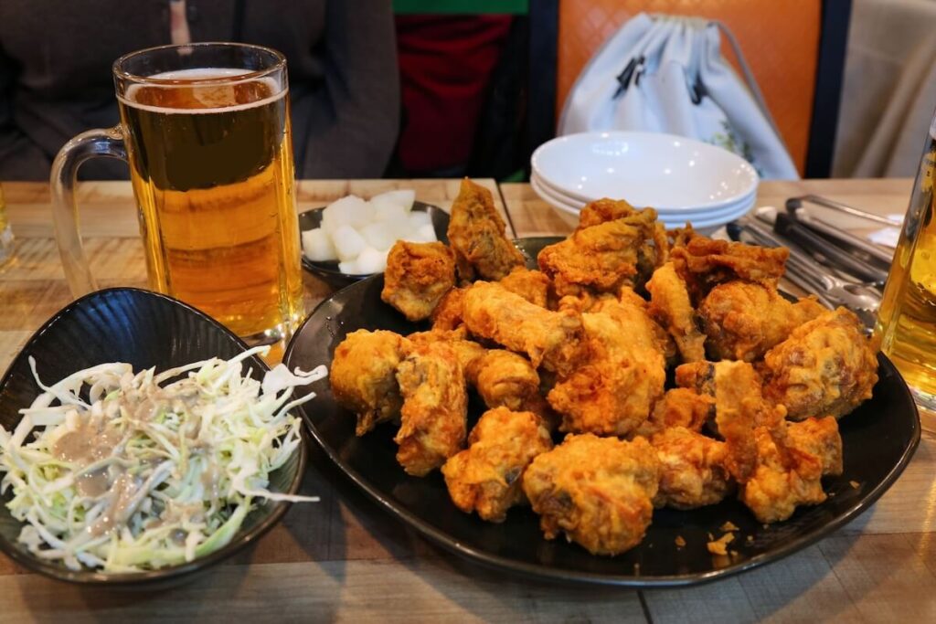 fried chicken and beer and side dish
