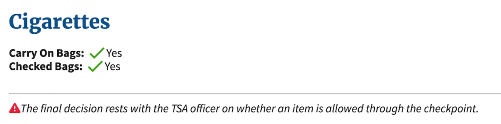 screenshot of TSA rule regarding cigarettes
