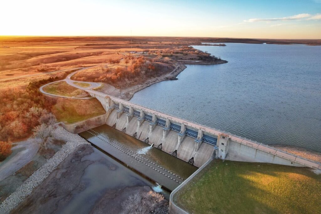 aerial view of a dam in Kansas, USA, at sunset
