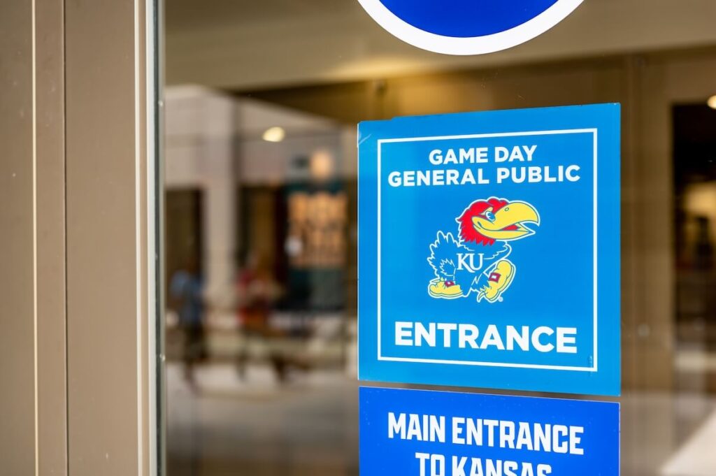 Game entrance for general public to an athletic building of University of Kansas Jayhawks