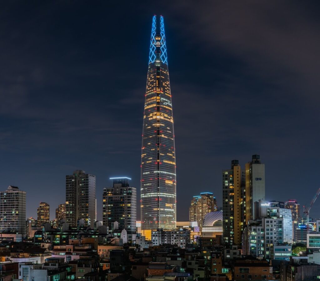 wide view of Lotte World Tower at night