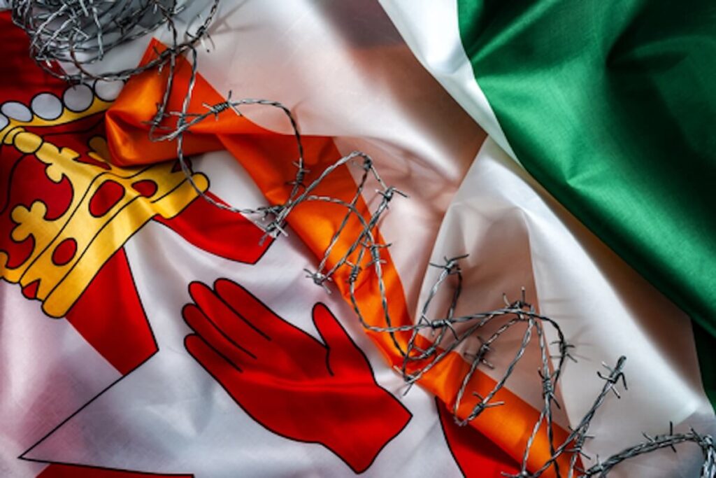 Northern Ireland and Ireland flags with barbed wire