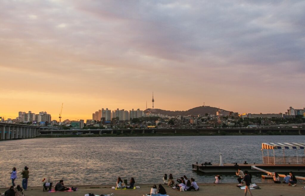 panoramic view of Han River and people having picnic