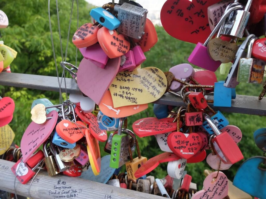 close-up of love locks at Namsan Tower
