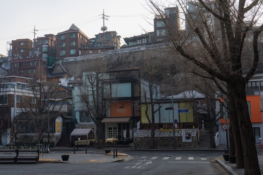Samcheongdong-gil street with classic Korean architecture cafe restaurants shops during winter morning